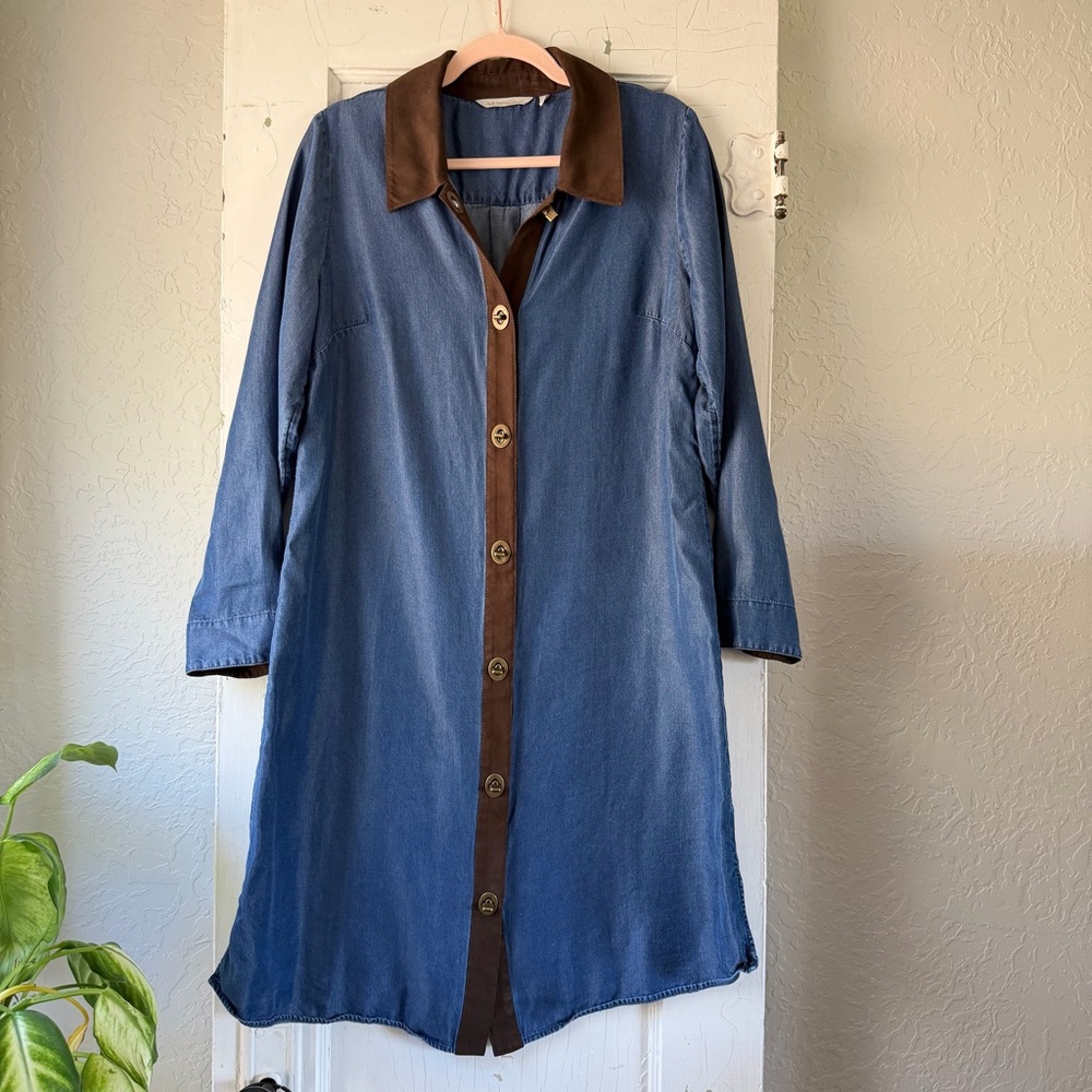 Soft Surroundings Tencel Denim Button Front Dress Medium Blue Brown Trim